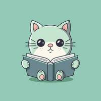 un entrañable gatito absorto en un vistoso libro de cuentos, sus ojos lleno con preguntarse dibujos animados estilo. vector ilustración