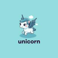 cartoon cute adorable white unicorn with blue wings flying. unicorn flying mascot logo vector illustration