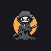 A charming, whimsical Grim Reaper cat, clutching a small scythe, its bright eyes full of mischief. Outlined in playful 2D cartoon style. vector illustration