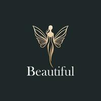 Beautiful icon logo design template. Monochrome combination of standing woman with butterfly wings logo vector illustration