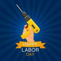 World labor day vector design illustration. Banner on dark blue retro background. Hand with a working tool. Vector illustration