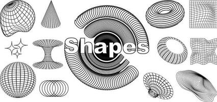 Set of abstract 3d geometric shapes and trendy geometric shapes.Psychedelic techno style concept. Y2K. Vector illustration