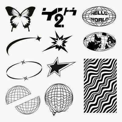 Y2k Design Projects, globes, butterfly, stars, abstract shape for t shirt street wear fashion and y2k element style
