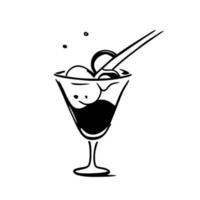 Ice cream with alcohol. Vector black and white illustration in line art style. Cocktail glass, doodle style. Design for menus, covers, postcards.