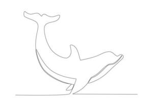 Continuous one line drawing cute blue dolphins, dolphin jumping and performing tricks with ball for entertainment show. Animal mascot for swimming pool. Single line design vector graphic illustration