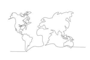 el avión mira pequeño en el mundo mapa. continuo uno línea dibujo de mundo atlas minimalista vector ilustración diseño. sencillo línea moderno gráfico estilo. mano dibujado gráfico concepto para educación