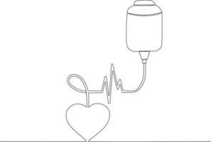 Single continuous line drawing blood bag and hearth. blood donor day concept vector