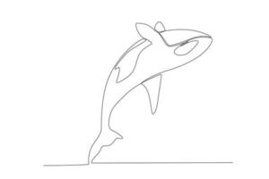 Single continuous line drawing whale killer in water. Orca in swimming pool. Wild whale killer fish swimming in sea life. Orca in under ocean water. vector