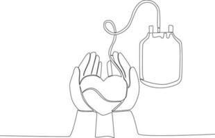 PSingle continuous line drawing two hands holding heart. blood donor day concept vector