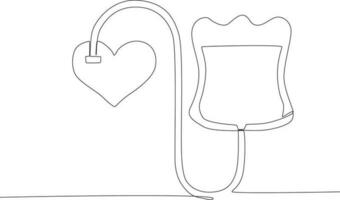 Single continuous line drawing blood donor from blood bag to hearth. blood donor day concept vector
