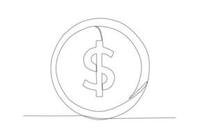 Single one line drawing coin flat icon. Dollar coin. Coin with dollar sign. Money symbol. American currency. Saving investment concept. Modern continuous line draw design graphic vector illustration