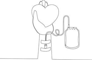 Single continuous line drawing hand is donating blood and holding heart. blood donor day concept vector