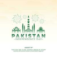 Square Pakistan Independence Day background with a silhouette of buildings and fireworks vector