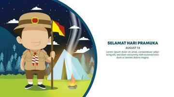 selamat hari pramuka o contento indonesio chico explorar día antecedentes con un chico explorar en un bosque vector