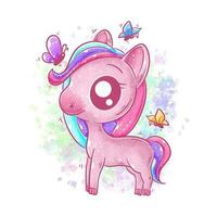 Cute unicorn is playing with butterfly cartoon vector