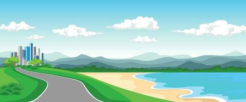 Landscapes on the way to the beach town, blue sea, mountains, clear sky, beautiful nature, vector