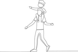 Single continuous line drawing father holding son on his shoulders while son pointing forward. Global Day Parent Concept vector