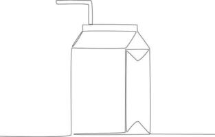 Single continuous line drawing a carton of milk with a straw. Fast Food vector