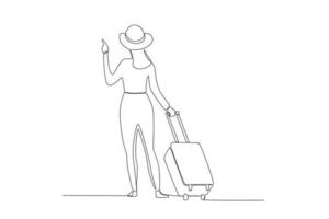 One line drawing ofback view of a woman carrying a suitcase going on a trip concept. continuous line graphic draw design vector illustration