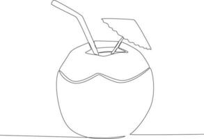 Single continuous line drawing coconut drink with small umbrella decoration. Fast Food vector