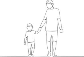 Single continuous line drawing father holds and guides his son. Global Day Parent Concept vector