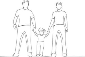 Single continuous line drawing daughter holding the hands of her father and mother. Global Day Parent Concept vector