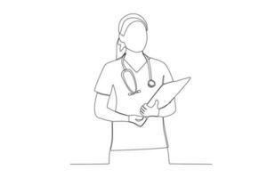 One single line drawing of young nurse writing medical repor. the nurse read the data on the clipboard she was holding in hospital. Medical health care concept continuous line draw design vector