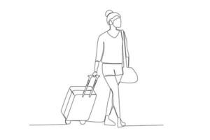 uno línea dibujo ofa turista mujer camina mientras tracción su maleta concepto. continuo línea gráfico dibujar diseño vector ilustración