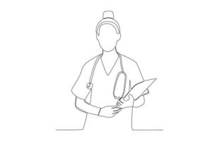 One single line drawing of young nurse writing medical repor. nurse with sthetoscope on neck holding clipboard in hospital. Medical health care concept continuous line draw design vector