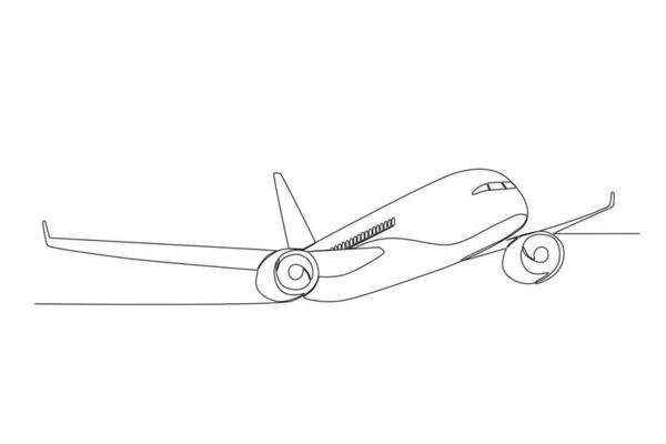 airplane that is flying Single continuous line big flying comerscial plane on sky graphic. Simple one line doodle for transport concept. Traveling and holyday vector illustration minimalist design
