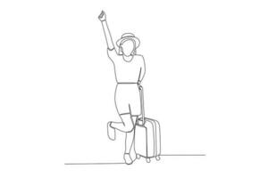 One line drawing of very cheerful woman raising hand while carrying her suitcase going on holiday concept continuous line graphic draw design vector illustration