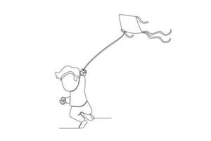 Front view of boy flying kite vector illustration one line