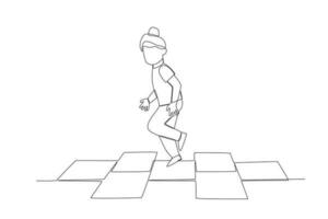 girl jumping playing hopscotch. vector illustration in cartoon style, black white line art