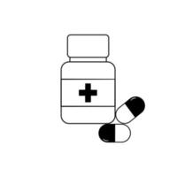 Medicine bottle and pills. Black and white icon. Vector illustration.