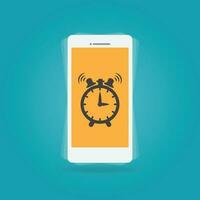 Linear mobile alarm clock app. Flat alarm clock phone. Mobile wake up symbol on green background. Digital alarm app icon. Vector illustration.