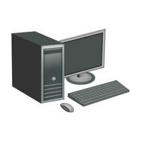 Realistic 3D Computer Case with Monitor, Keyboard and Mouse, isolated on white background. Vector illustration.