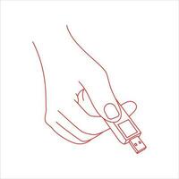 Hand drawn hand holding a usb flash drive. Information resident, flash card usb. Vector graphics in doodle style. Hand-drawn by a red line. Isolated image on a white background.