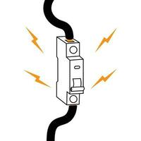 Electrical panel. Broken switchboard. Danger sign. The wire under tension. Short circuit, red flame and fire. Circuit breaker. overload of the system. Cartoon flat illustration. Damaged equipment vector