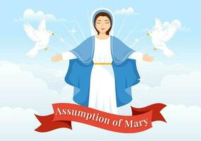 Assumption of Mary Vector Illustration with Feast of the Blessed Virgin and Doves in Heaven in Flat Cartoon Hand Drawn Background Templates