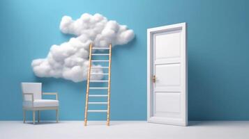 3d abstract blue background with door, ladder and white clouds flying out. Dream metaphor, modern minimal concept, photo