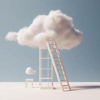 3d abstract blue background with door, ladder and white clouds flying out. Dream metaphor, modern minimal concept, photo