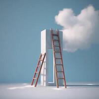 3d abstract blue background with door, ladder and white clouds flying out. Dream metaphor, modern minimal concept, photo