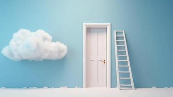 3d abstract blue background with door, ladder and white clouds flying out. Dream metaphor, modern minimal concept, photo