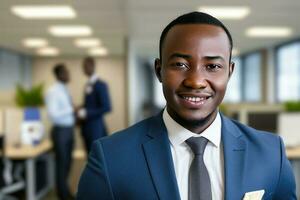 Young smart businessman, standing in blur background of office. generative AI photo