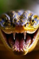 Close-up front view portrait of roaring Snake. Generative AI photo