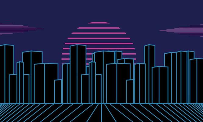 Retro futuristic 1980s style background. Digital landscape in cyberspace. Retro Wave music album cover template with sun, space, mountains and laser grid on the terrain.