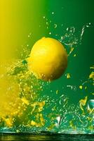 Flying a Leamon slices with water splashing, photo