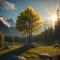 increíble montaña paisaje con vistoso vívido puesta de sol en el cielo, generativo ai foto