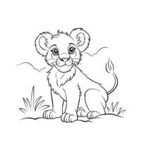 Cute little lion. Black and white line drawing vector. Simple children's coloring, illustration for children's creativity. vector