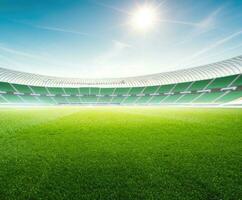 Soccer stadium with green field. Generative AI photo